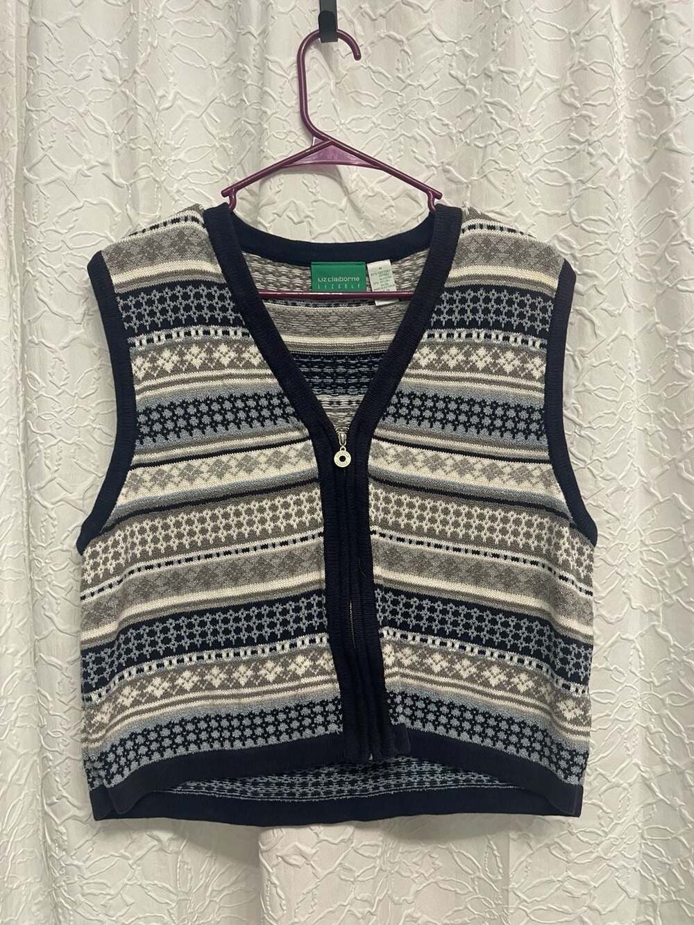 Liz Claiborne Liz Golf Sweater Vest Size M Fair Isle Zip Front